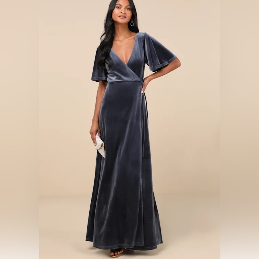 Defining Elegance Slate Blue Velour Short Sleeve Wrap Maxi Dress size XL NWT